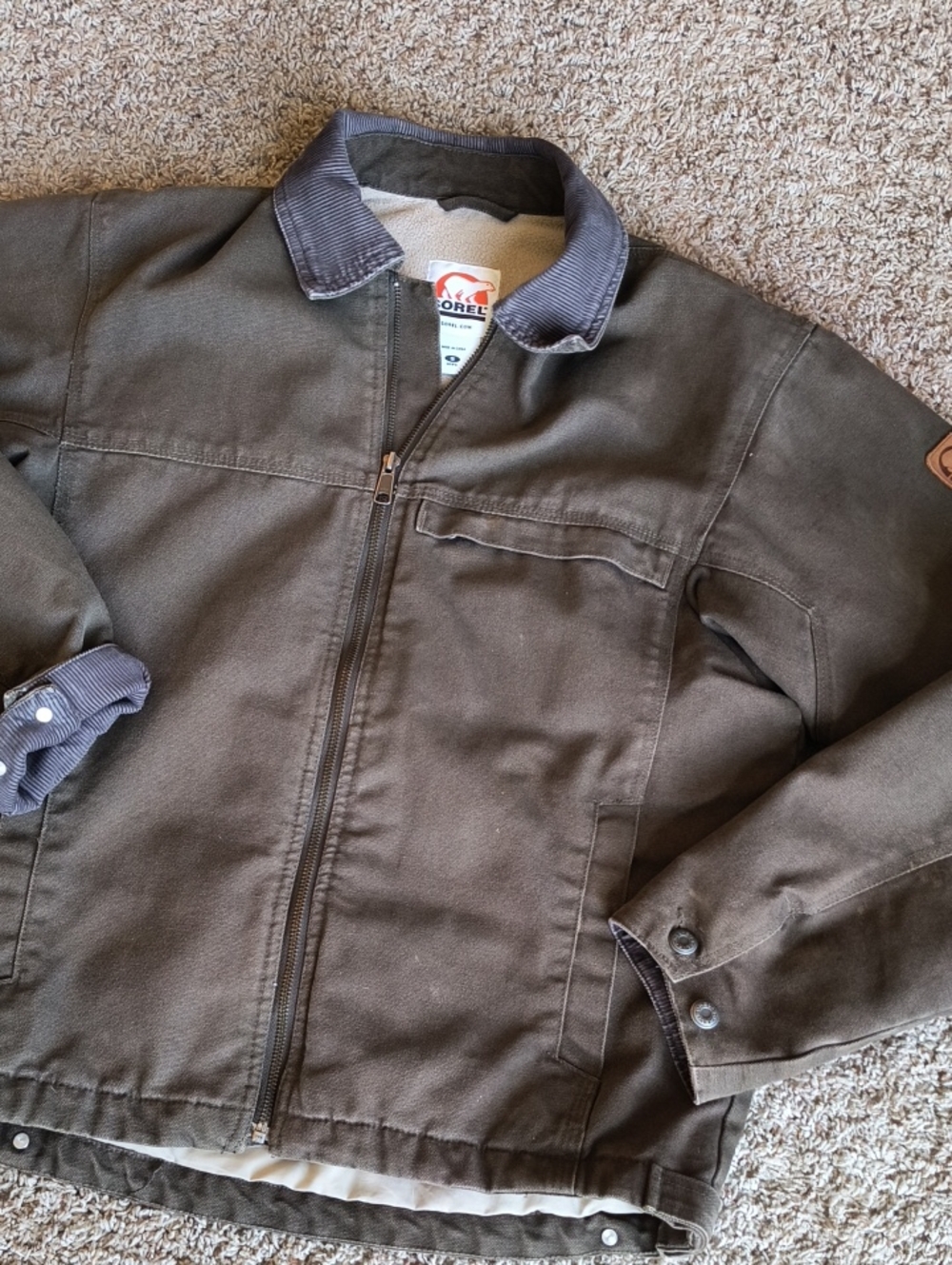 Sorel Olive Green Men's Lined Jacket with Corduroy Collar, SMALL
